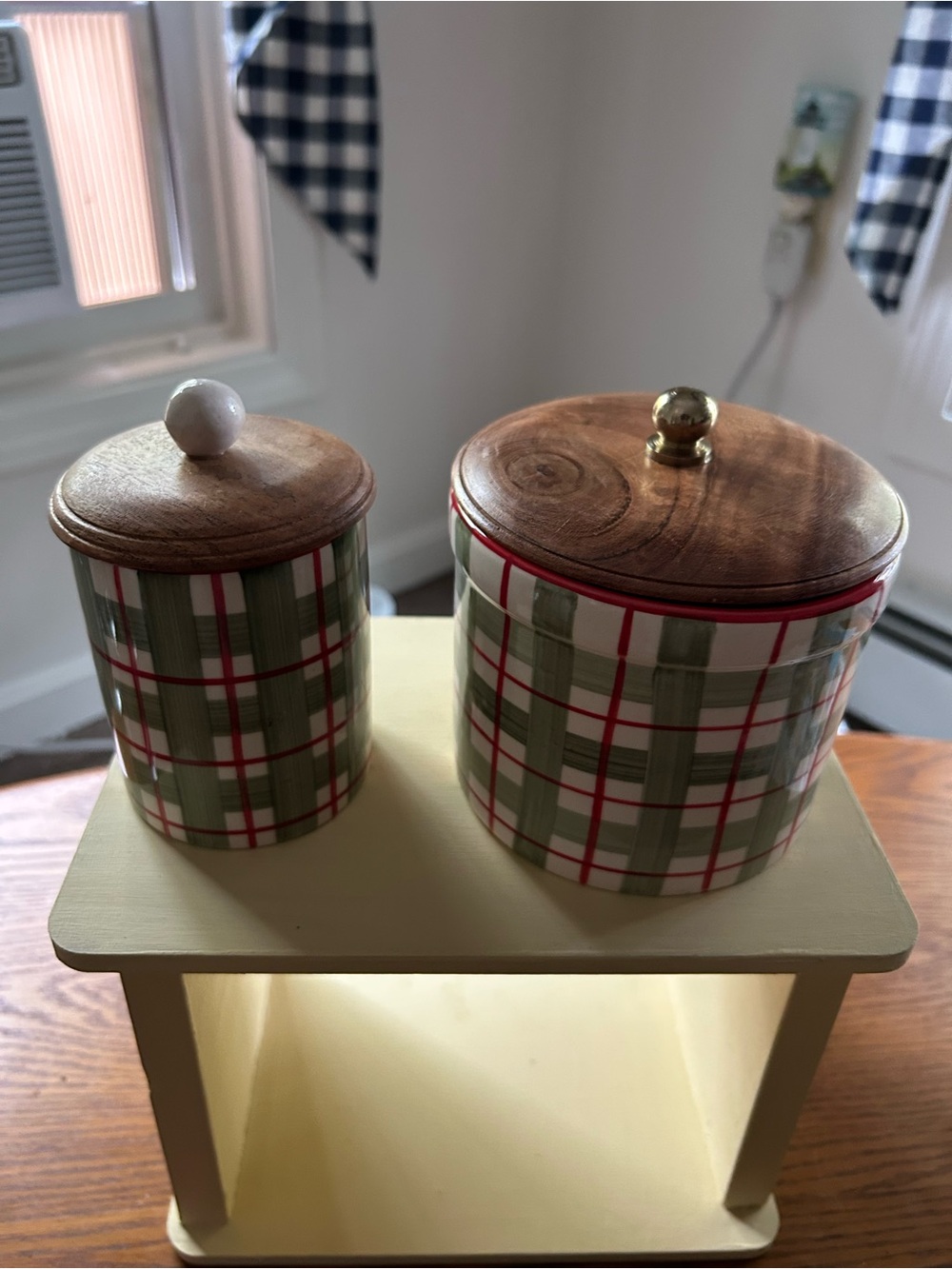 Plaid Ceramic Canister Set with Wood Lids - Green & Red